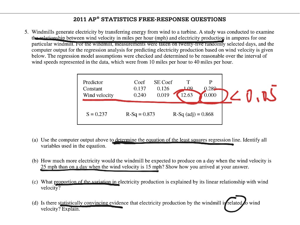 Linear regression line problem from 2011 5 AP free response Math