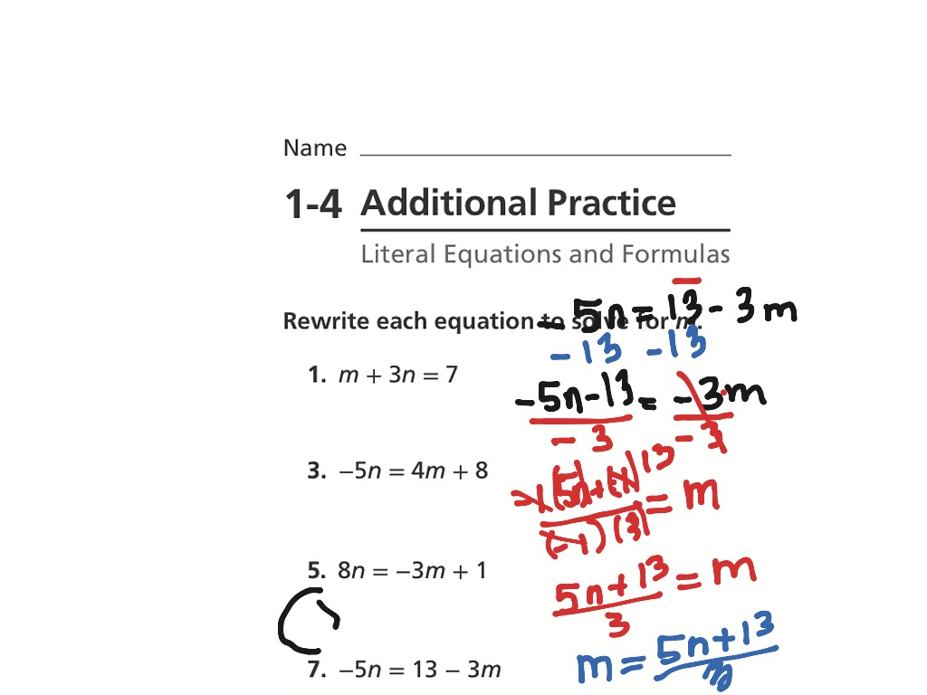 1-4 Additional Practice 7 | Math, High School Math, Equations, Algebra |  ShowMe