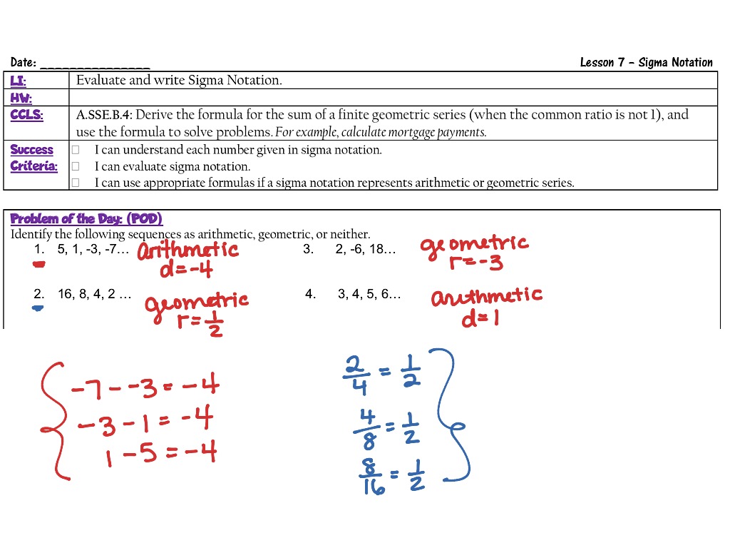 Lesson 7 Sigma Notation Math, Algebra 2, Sequences and