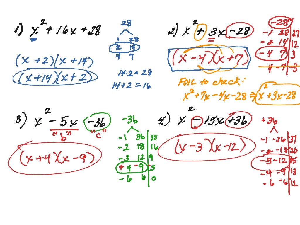 FactoringTrinomials when leading coefficient = 1; (examples) | Math ...