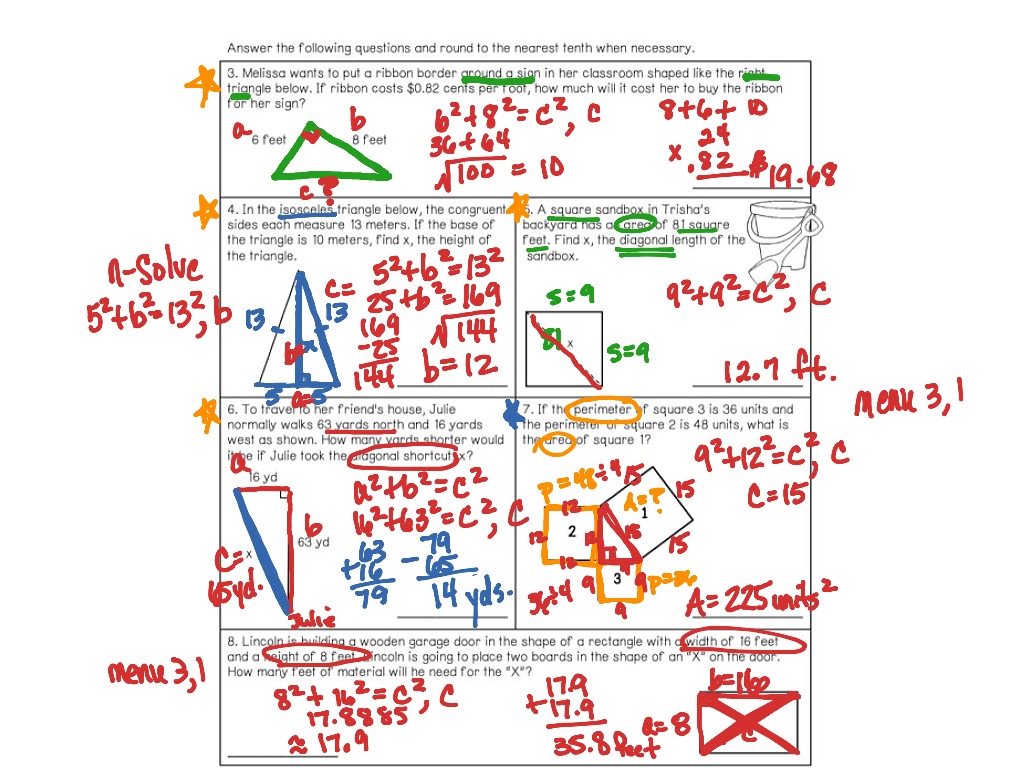 unit 9 lesson 3 homework (applying the pythagorean theorem)